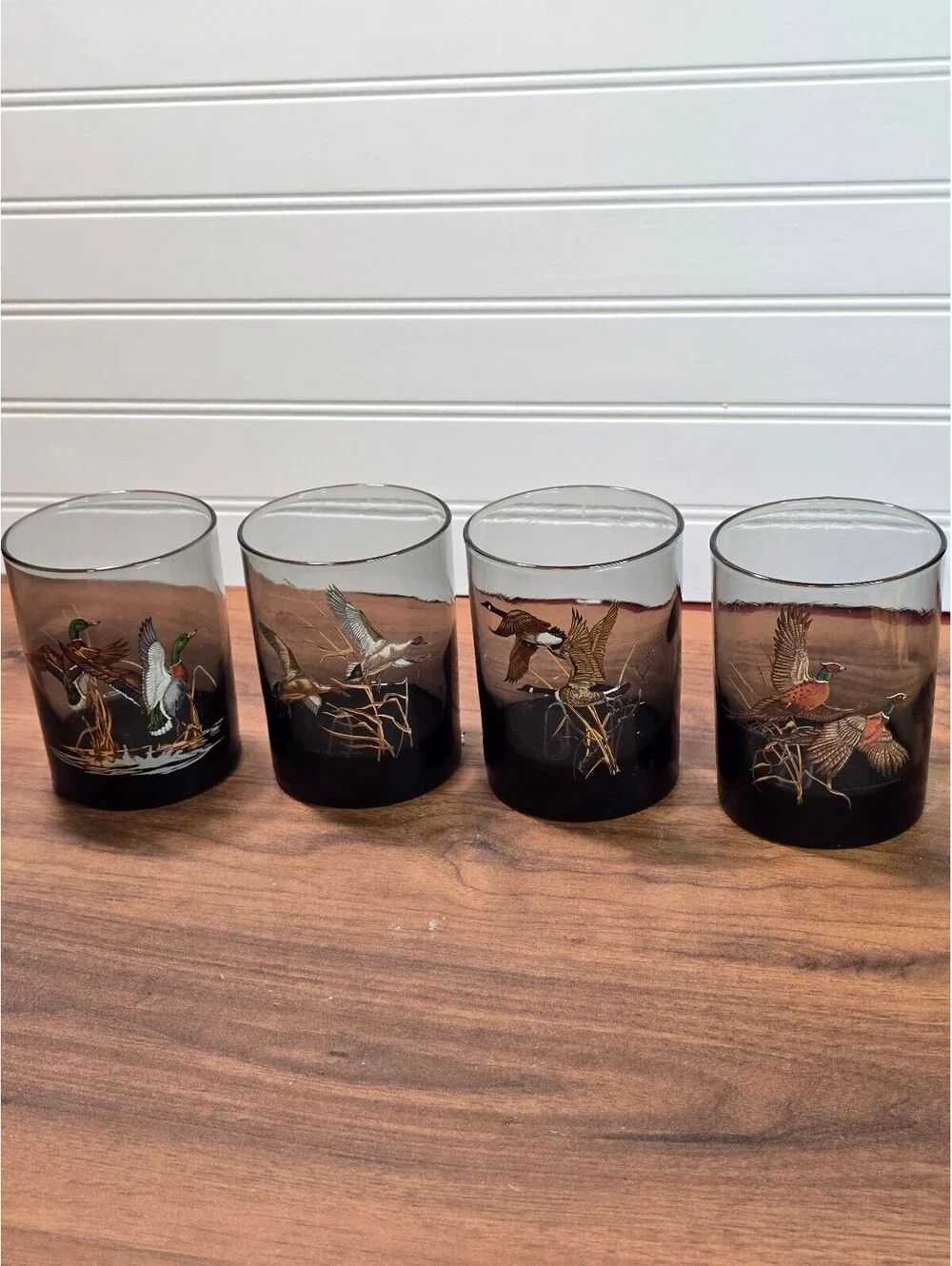 Vintage 1970s Smoked Glass Game Bird Tumblers 4 Pc Duck Pheasant Lowball